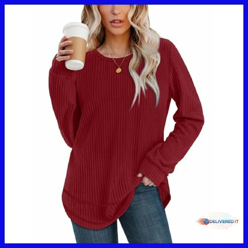 Waffle Knit Tunic Top Long Sleeve Crewneck Curved Hem Loose Fit